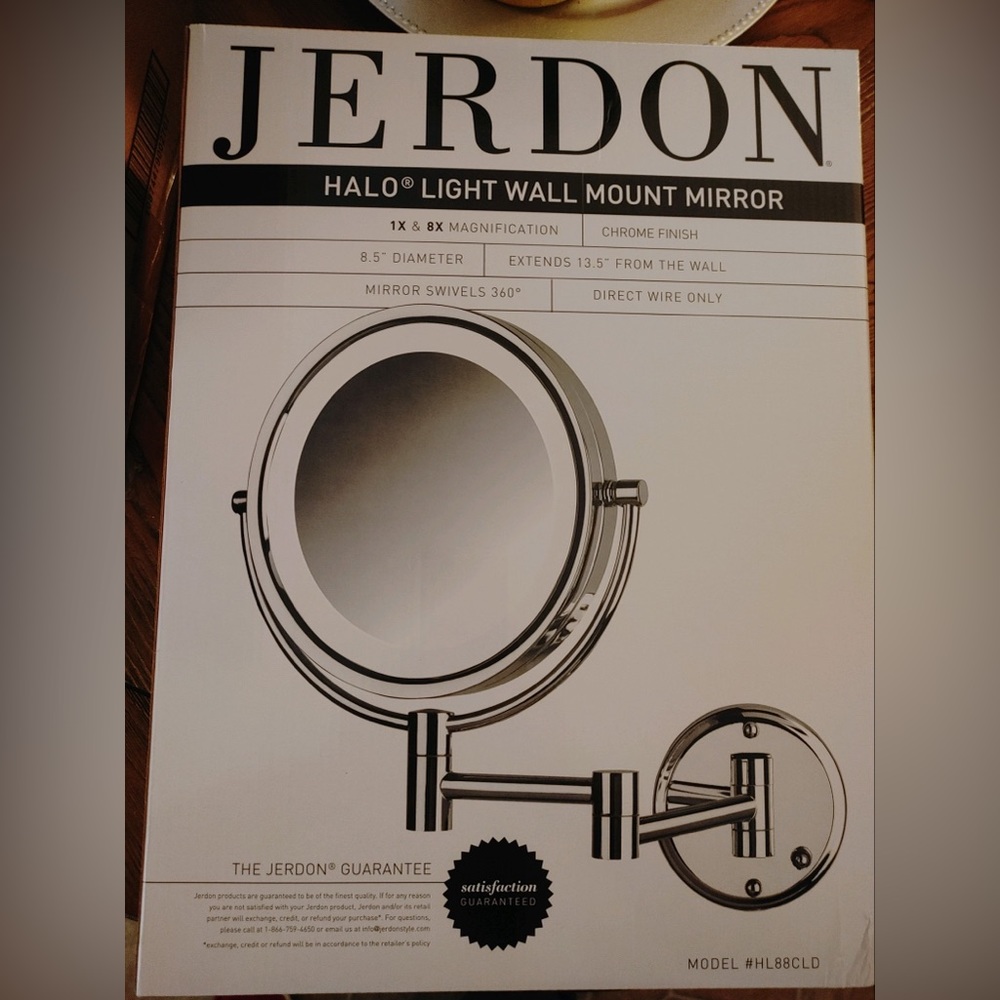 Jerdon chrome, direct wire lighted mirror. New - never taken out of the box.